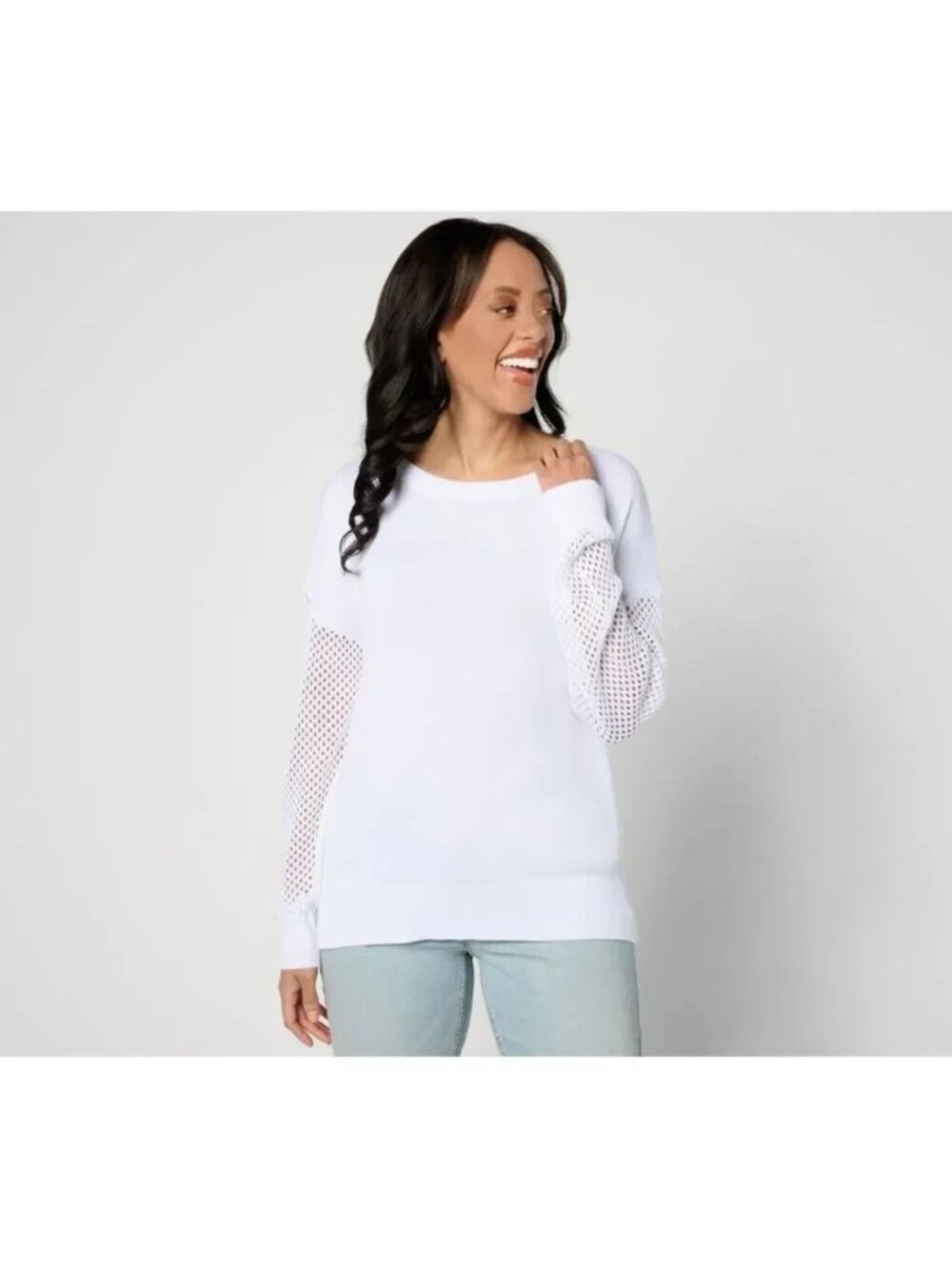 Belle Beach by Kim Gravel Sweater L Mixed Media Pointelle Sleeve White A647290